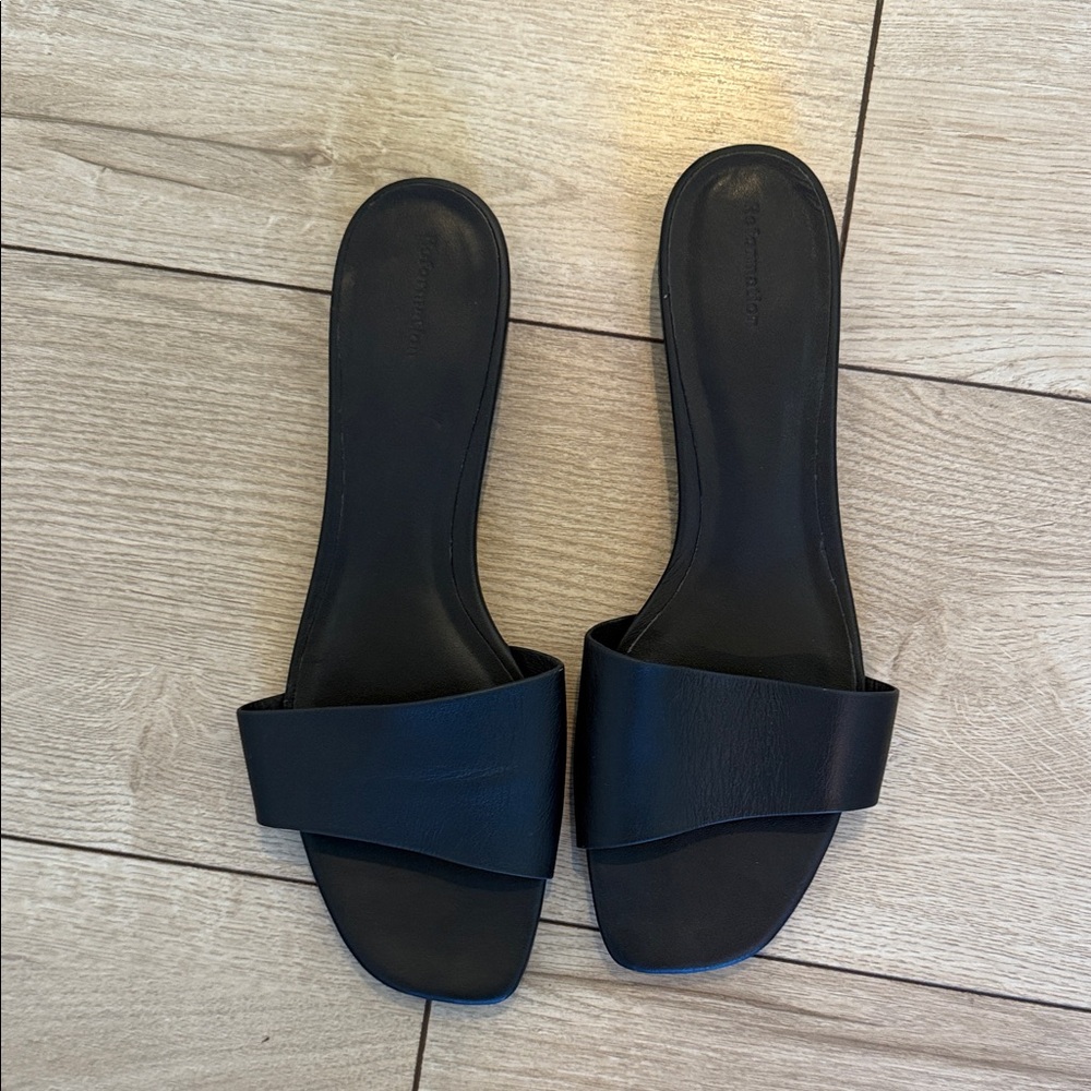 Reformation Black Leather Slide Sandals